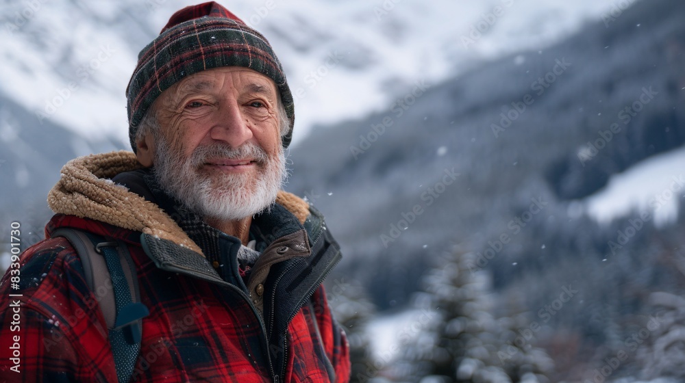 Embracing the Golden Years: A Joyful Senior Man Hiking Through Scenic Winter Mountains