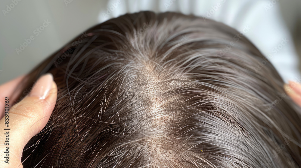 Fototapeta premium A hair topper is a piece of hair that is added to the top of the head to cover up thinning hair or add volume. It is attached with clips and the front clip may be visible.
