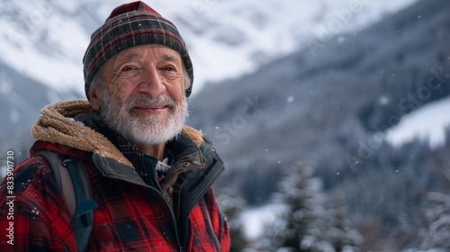 Embracing the Golden Years: A Joyful Senior Man Hiking Through Scenic Winter Mountains