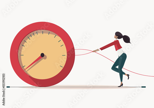 Businesswoman Lowering Red Alert Meter to Green: Risk and Stress Reduction Concept, Minimal Vector Illustration