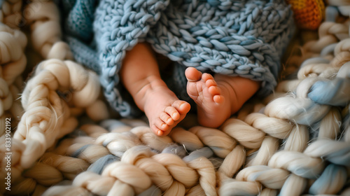 Pies de bebé envueltos en manta de lana photo