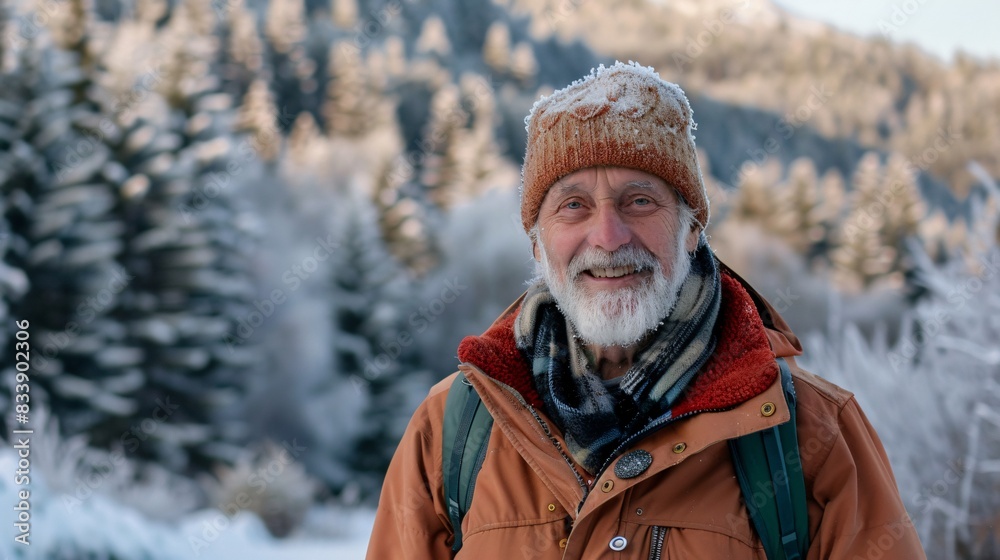 Embracing the Golden Years: A Joyful Senior Man Hiking Through Scenic Winter Mountains