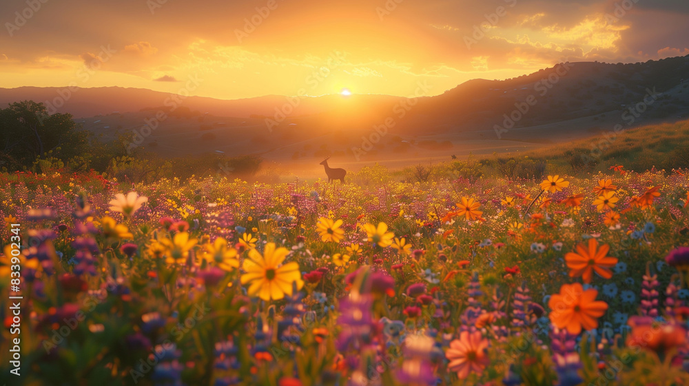 Fototapeta premium Enchanting Sunset in Flower Field with Graceful Deer - Generative AI