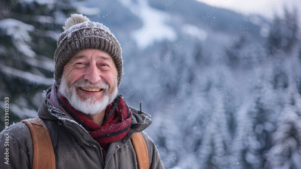 Fototapeta premium Embracing the Golden Years: A Joyful Senior Man Hiking Through Scenic Winter Mountains