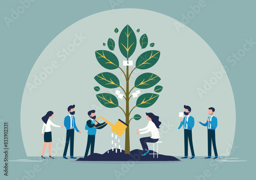 HR personnel nurturing employee growth: nurturing skills, abilities development through career mentorship, depicting potential with minimalistic people tree graphic