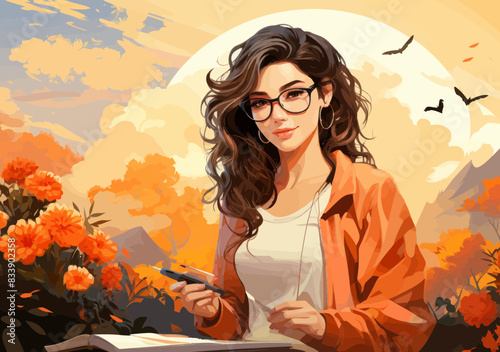 Diverse Female Blogger, Content Creator Writing Creative Online Copy or Journal, Illustration