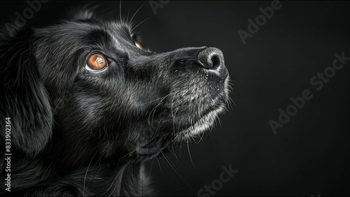 Cute Black Dog with Brown Eyes Looking Up Inquisitively Black Background 8K © Suite Green Media