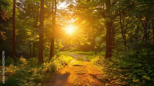 Beautiful forest path illuminated by golden sunlight filtering through the trees  depicting a serene and tranquil natural scenery.