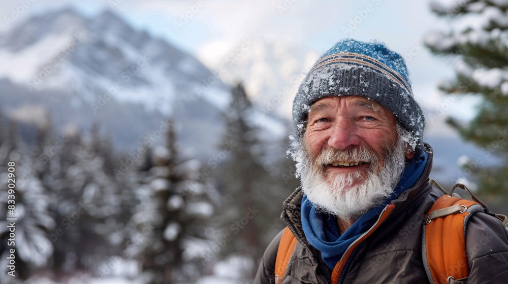 Fototapeta premium Embracing the Golden Years: A Joyful Senior Man Hiking Through Scenic Winter Mountains