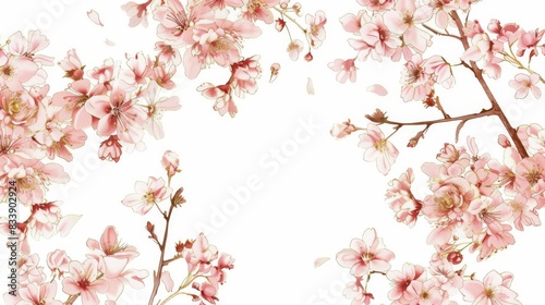 Cherry Blossoms floral  luxury botanical on white background vector  empty space in the middle to leave room for text or logo  gold line wallpaper  leaves  flower  foliage  hand drawn