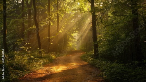 Beautiful forest path illuminated by golden sunlight filtering through the trees  depicting a serene and tranquil natural scenery.