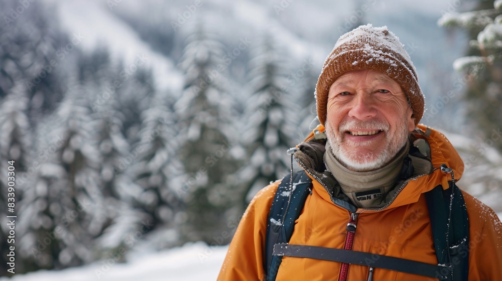 Embracing the Golden Years: A Joyful Senior Man Hiking Through Scenic Winter Mountains Embracing the Golden Years: A Joyful Senior Man Hiking Through Scenic Winter Mountains