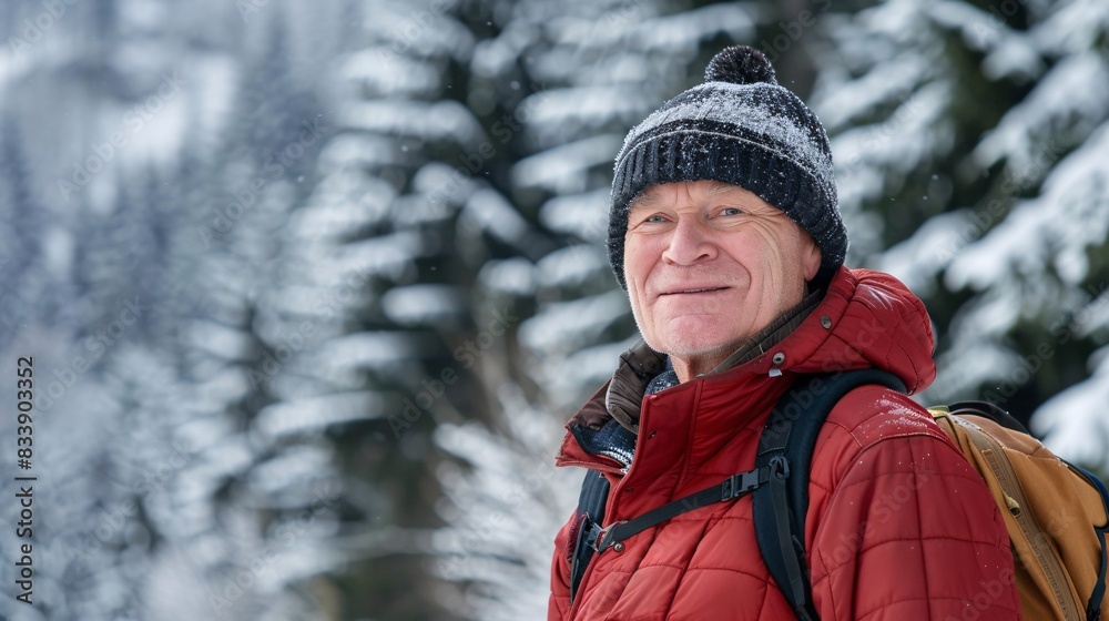 Embracing the Golden Years: A Joyful Senior Man Hiking Through Scenic Winter Mountains