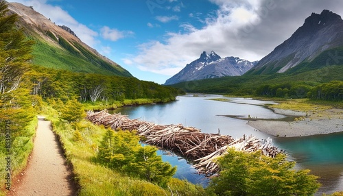 beaver dam on a track to laguna esmeralda in tierra del fuego photo