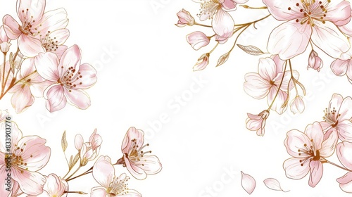 Cherry Blossoms floral, luxury botanical on white background vector, empty space in the middle to leave room for text or logo, gold line wallpaper, leaves, flower, foliage, hand drawn