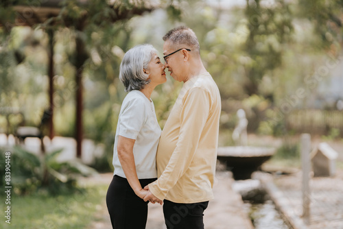 Elderly couple. Asian elderly couple giving love to each other smiling happily. Love and care for each other.