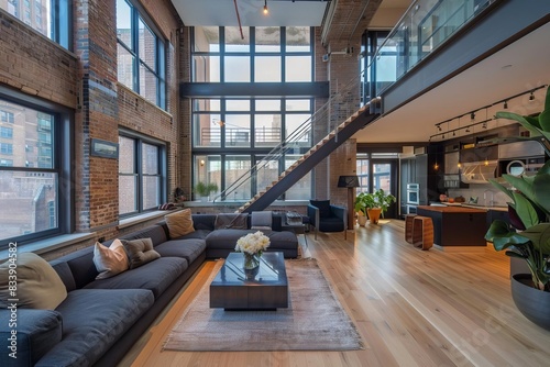 An expansive loft living room with a doubleheight ceiling and mezzanine level photo