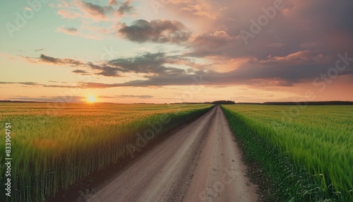 country gravel road and green wheat field with sky clouds at sunset