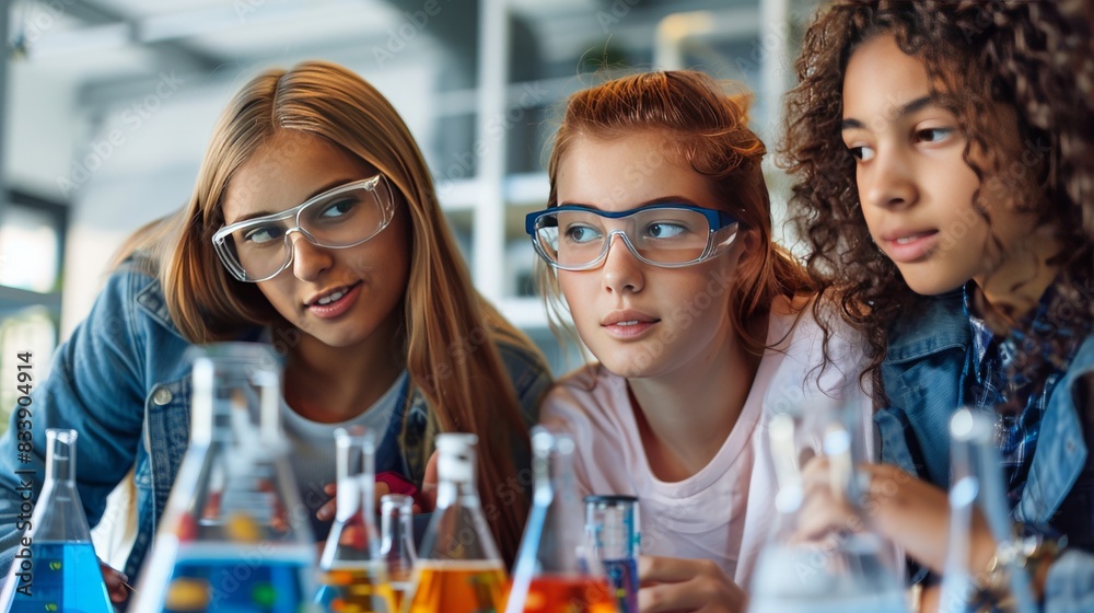 female diverse students participating in STEM learning, Science, technology, engineering, art and mathematics, 16:9 female diverse students participating in STEM learning, Science, technology, engineering, art and mathematics, 16:9