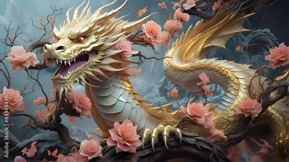 Portrait of beautiful Chinese golden dragon sitting at tree with roses. mythology and horoscope concept. close up. condeptual digital artwork. AI generated