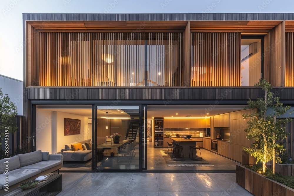A sleek urban townhouse with vertical wooden slats on the exterior, an open-plan living area with polished concrete floors, and a rooftop terrace, A sleek urban townhouse with vertical wooden slats on the exterior, an open-plan living area with polished concrete floors, and a rooftop terrace,