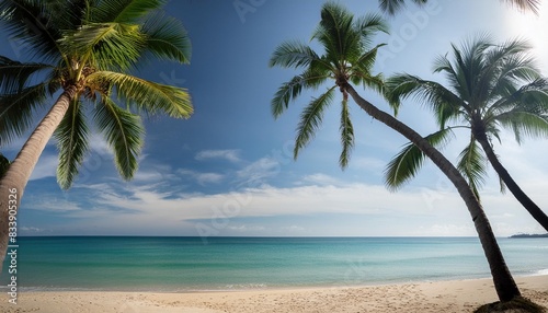 palm trees ocean and blue sky on a tropical beach