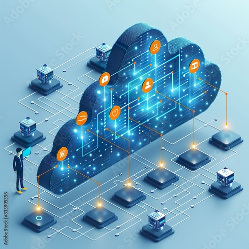 Cloud ERP, conceito de planejamento de recursos empresariais. Empresário conectando dados com computação em nuvem para acesso ao gerenciamento de RH.  photo