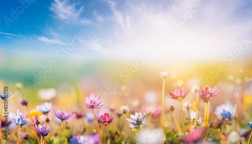 colorful flower meadow with sunbeams and blue sky and bokeh lights in summer nature background banner with copy space summer greeting card wildflowers spring concept