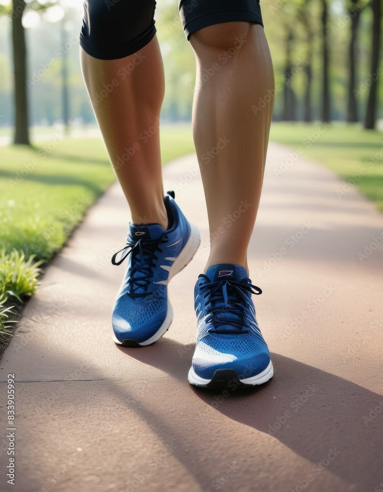 Close-up of a jogger's blue running shoes on a park path, highlighting an active lifestyle and the importance of physical fitness.