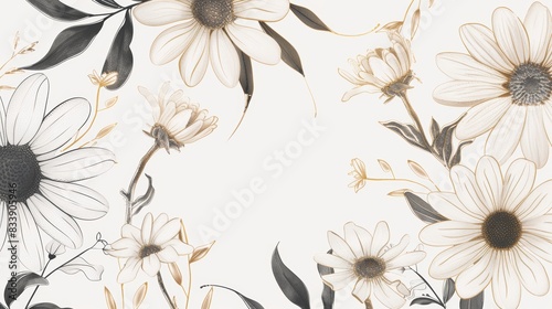Daisies floral, luxury botanical on white background vector, empty space in the middle to leave room for text or logo, gold line wallpaper, leaves, flower, foliage, hand drawn