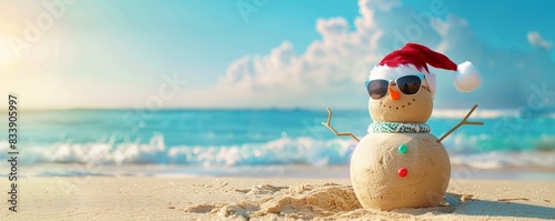 Sandy snowman in Christmas Santa hat and sunglasses at beach with copy space, concept of summer holidays, travel, vacation, happy beach life.