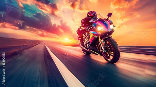 13. A high-end super motorcycle with a rainbow livery, speeding down an open road with a dramatic, colorful sunset in the background, emphasizing speed and celebration