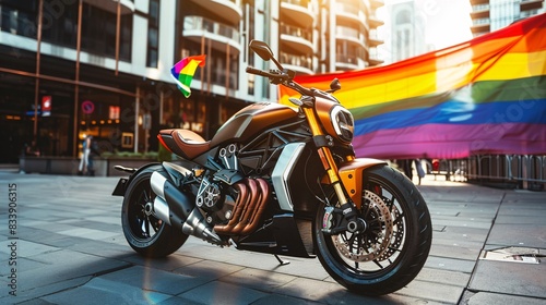 14. A luxury motorcycle with a rainbow flag attached to the rear, parked in a modern urban plaza with a large Pride banner overhead, capturing a moment of pride and elegance