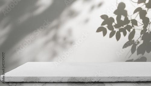 blank cream white cement curve counter podium with texture soft beautiful dappled sunlight leaf shadow on white wall for luxury organic cosmetic skincare beauty treatment product background 3d