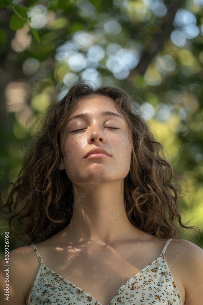 A woman sitting comfortably with her eyes closed, possibly meditating or resting A woman sitting comfortably with her eyes closed, possibly meditating or resting