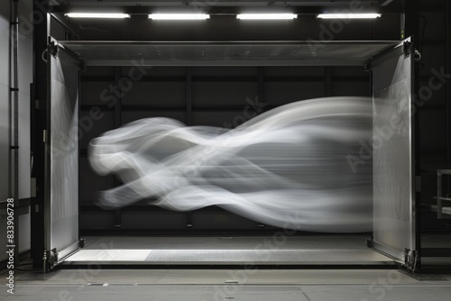 A dramatic shot of smoke trails swirling around a car in a wind tunnel, capturing the beauty and complexity of aerodynamics. photo