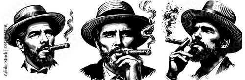 Vector drawings of  cuban man smoking a cigar wearing a summer hat
