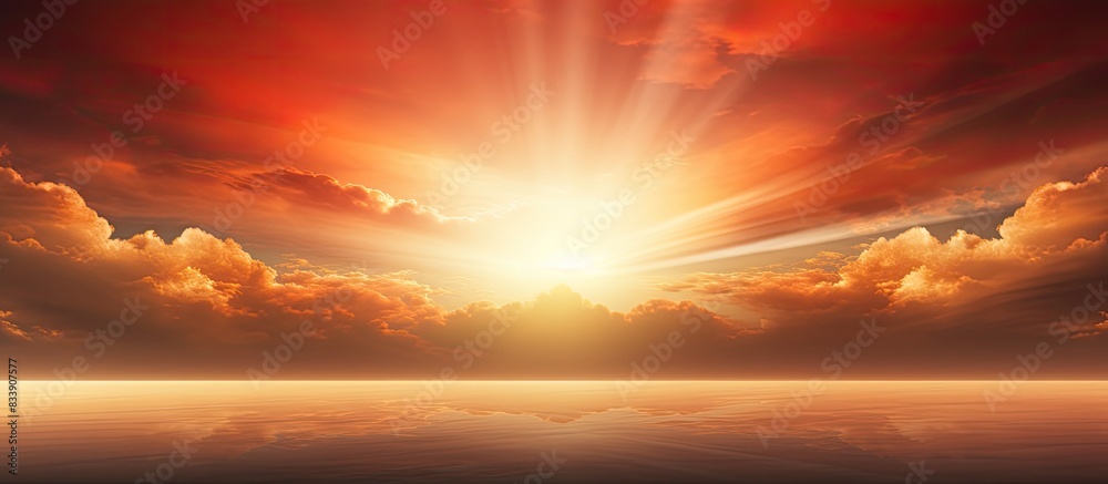 Fototapeta premium Sunrise with red sky and radiant light beams, perfect for copy space image.