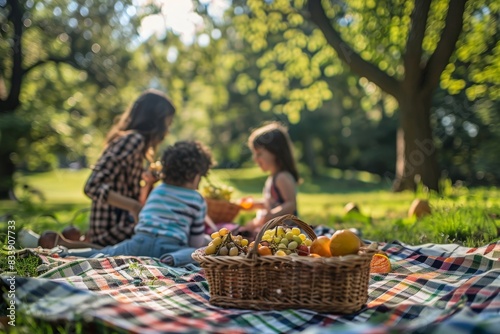 A close-up of a picnic basket filled with fruit, set on a checkered blanket in a park. A family enjoys their summer picnic in the background.