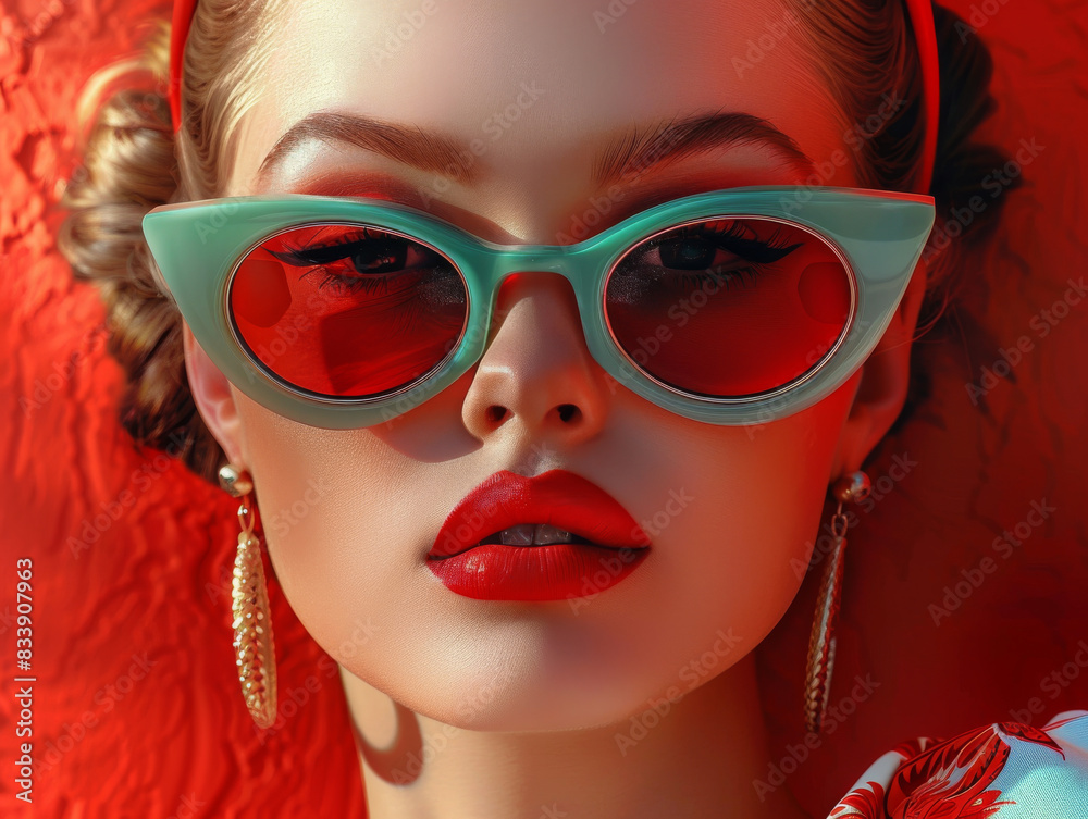 Retro style pastel colors summer background. Fashion woman wearing big sunglasses. Retro style pastel colors summer background. Fashion woman wearing big sunglasses.