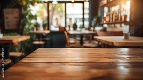 Warm and inviting interior of a cozy cafe with empty wooden tables and blurred background  suggesting a peaceful ambiance for relaxation or social interaction. 