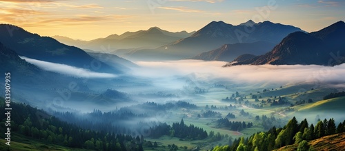 Scenic mountain valley in mist with forests, clouds, and a beautiful natural landscape captured during a summer sunrise from high mountains, featuring copy space image.