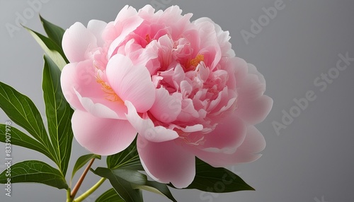 close up of a pink peony with green leaves on a gray background