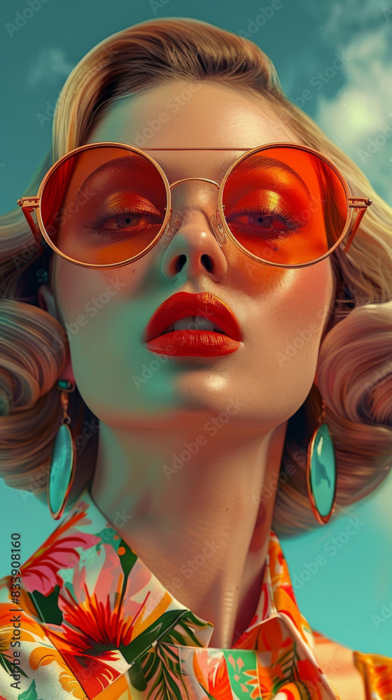 Obraz premium Retro style pastel colors summer background. Fashion woman wearing big sunglasses.