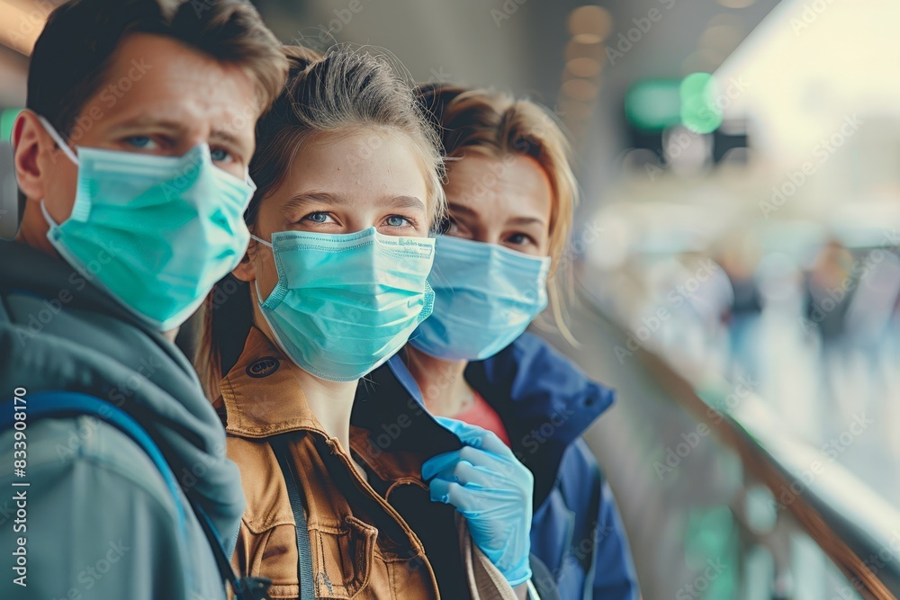 A family of three, wearing face masks and gloves, walks through a busy urban setting, showcasing their commitment to safety and responsible public health practices. A family of three, wearing face masks and gloves, walks through a busy urban setting, showcasing their commitment to safety and responsible public health practices.