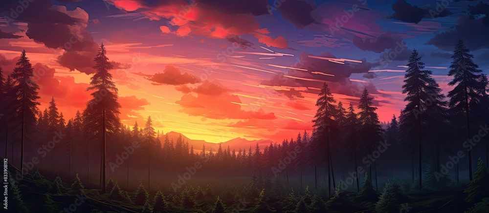 Obraz premium Forest sunset scene with a beautiful sky and copy space image.