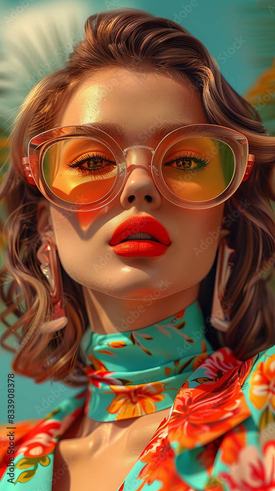 Obraz premium Retro style pastel colors summer background. Fashion woman wearing big sunglasses.