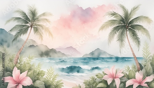 lush tropical plants and graceful palm trees ocean landscape soothing palette of delicate pastel hues painted in watercolour generative ai illustration © Sawyer