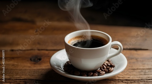 Steaming Cup of Coffee with Beans