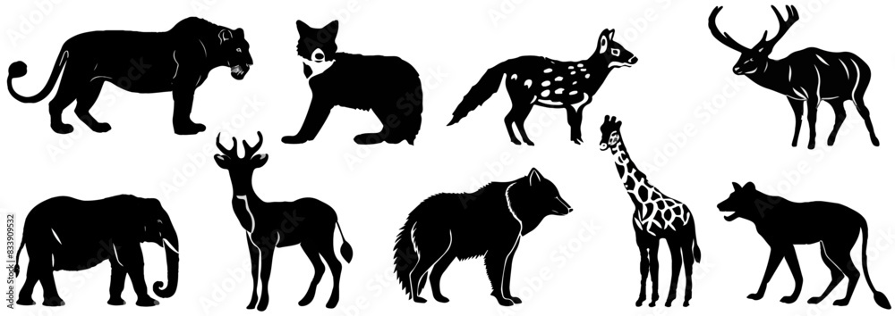 Fototapeta premium Wild animals black silhouettes. Elephant, giraffe, lion, hippo, hyena, rhin, zebra. Wild, domestic animals icons. Set of black animal silhouette.